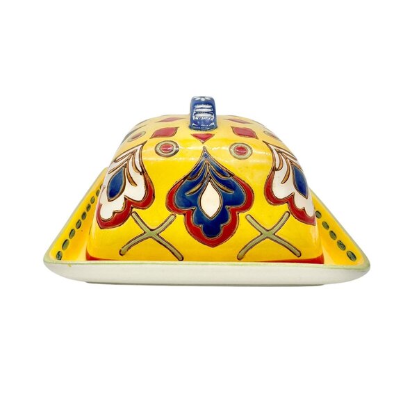 Dutch Wax Handpainted Ceramic Covered Butter Dish Square Yellow Colorful Vibrant - Picture 1 of 11